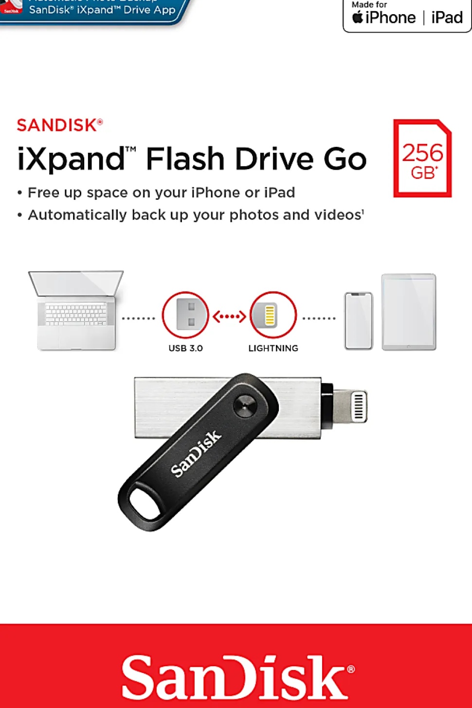 SanDisk® iXpand™ USB 3.0 Flash Drive Go, 256GB, Black/Silver