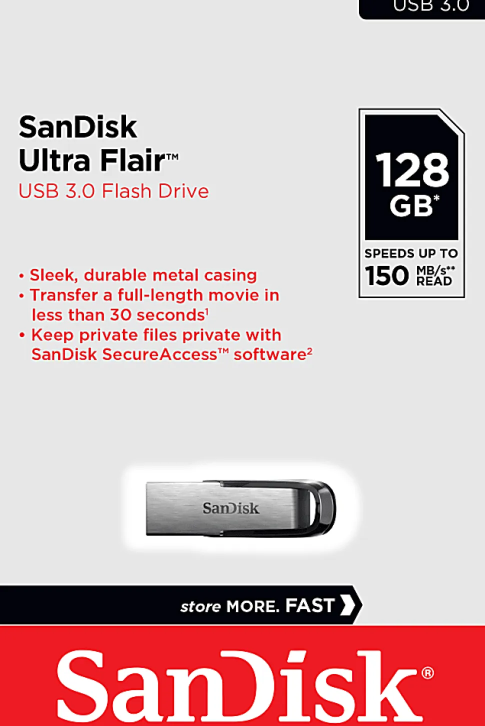 SanDisk Ultra Flair™ USB 3.0 Flash Drive, 128GB, Silver