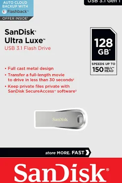 SanDisk Ultra Luxe USB 3.1 Flash Drive, 128GB, Silver Metal