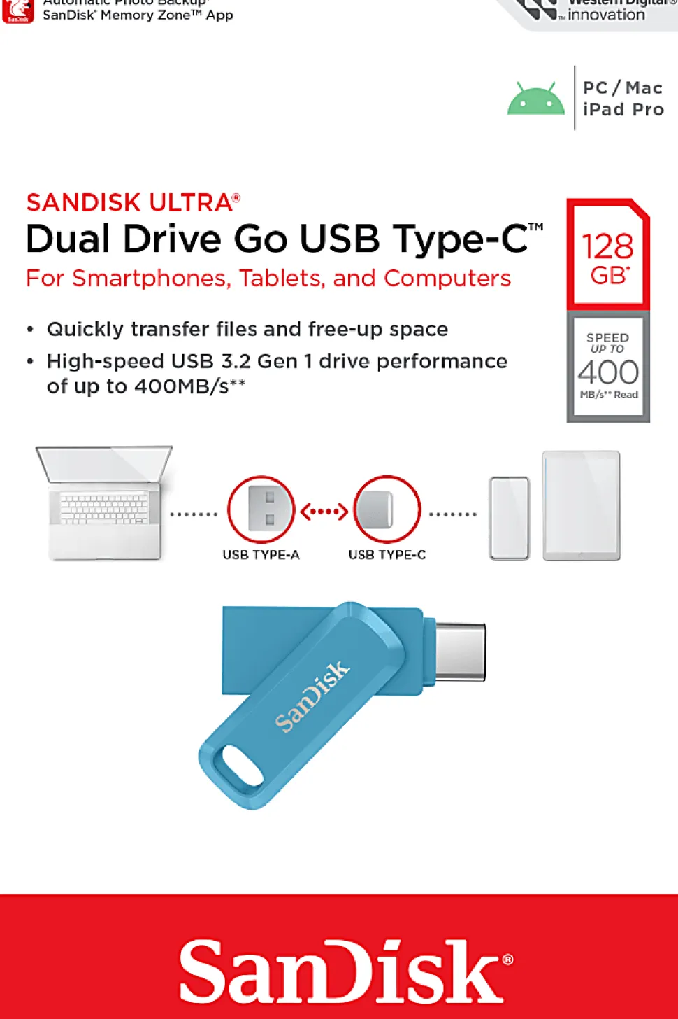 SanDisk USB Type-C Dual Drive, 128 GB, Navagio Bay