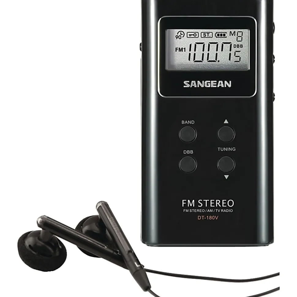 Sangean DT180BLK Portable Pocket AM/FM Digital Clock Radio, 3-11/16”H x 3/4”W x 1-15/16”D, Black