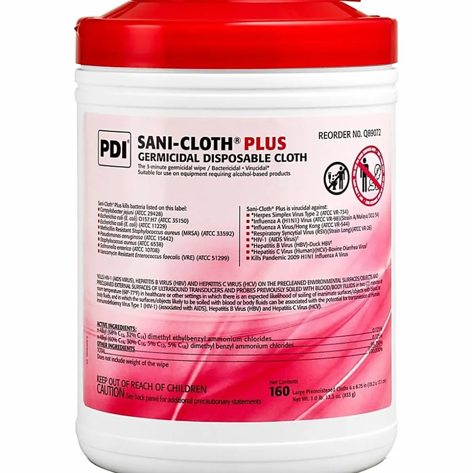 Sani-Cloth Plus Germicidal Disposable Cloths, 6-3/4" x 6", 160 Cloths Per Container, Set Of 12 Containers