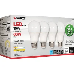 Satco 10W A19 LED 2700K Frosted Bulbs,10 W, 60 W Incandescent Equivalent Wattage, 4 Bulbs - S28560