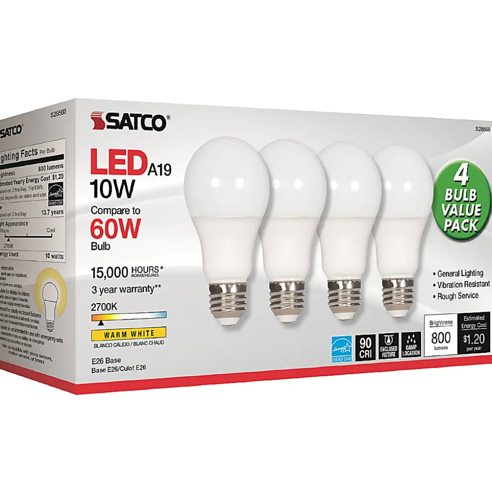 Satco 10W A19 LED 2700K Frosted Bulbs,10 W, 60 W Incandescent Equivalent Wattage, 4 Bulbs - S28560