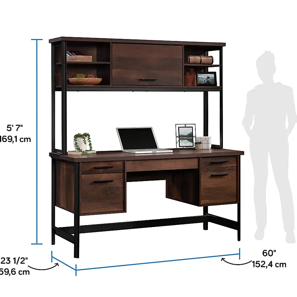 Sauder® Briarbrook 60”W Computer Desk With Hutch, Barrel Oak® Finish/Black Frame