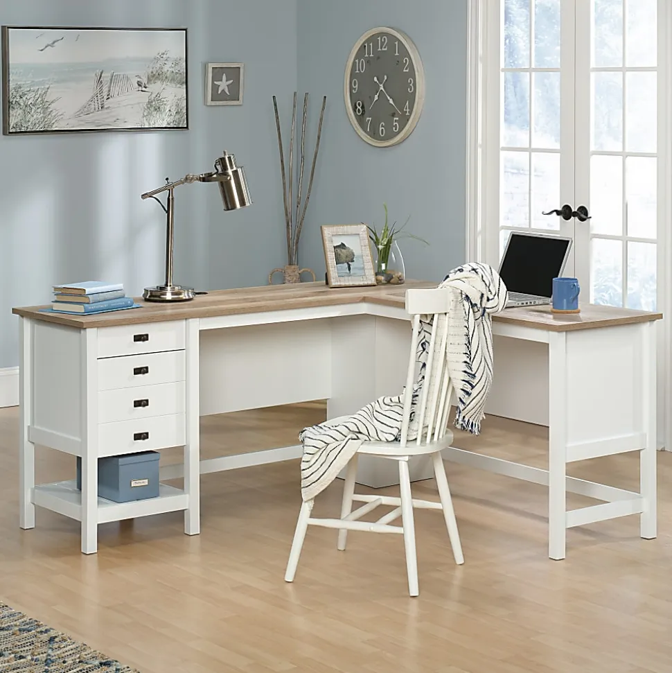 Sauder® Cottage Road 65"W L-Shaped Corner Desk, Soft White/Oak