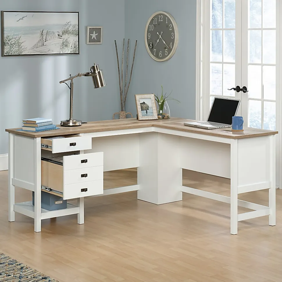 Sauder® Cottage Road 65"W L-Shaped Corner Desk, Soft White/Oak