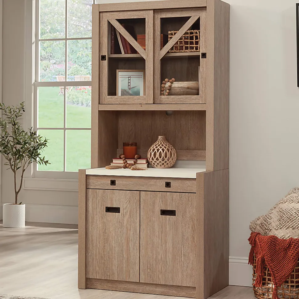 Sauder® Dixon City 72"H Contemporary Country Storage Workstation With Glass Door Hutch, Brushed Oak/Pebble White