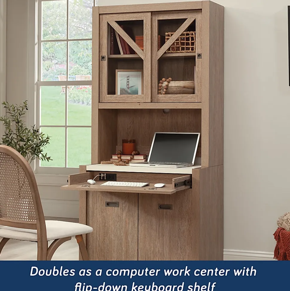 Sauder® Dixon City 72"H Contemporary Country Storage Workstation With Glass Door Hutch, Brushed Oak/Pebble White