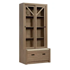 Sauder® Dixon City Library 4-Shelf Bookcase With Sliding Doors And Filing Drawer, Brushed Oak™/Pebble White™