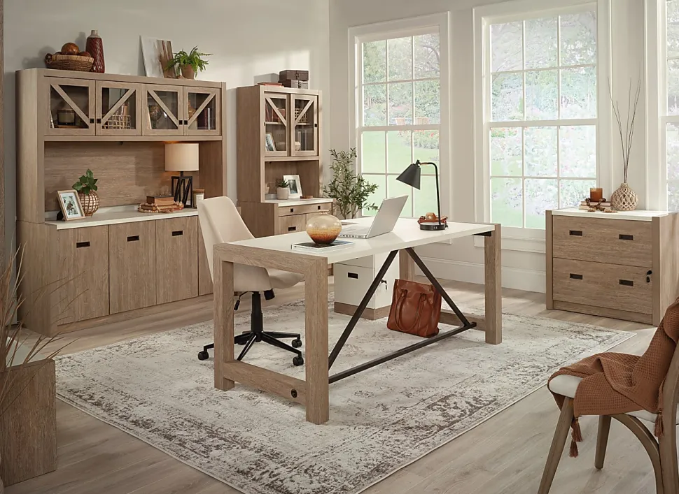 Sauder Dixon City® 66"W L-Shaped Computer Desk With Drawers, Brushed Oak™/Pebble White™