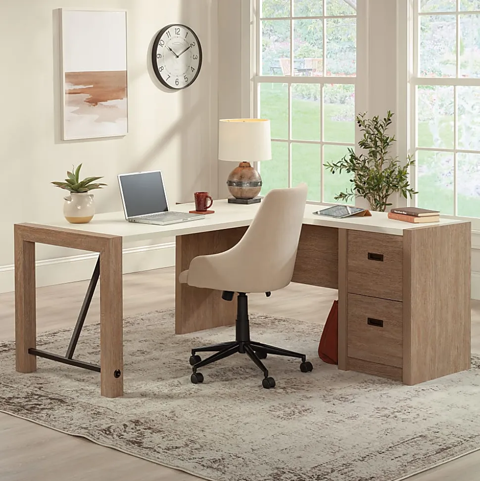 Sauder Dixon City® 66"W L-Shaped Computer Desk With Drawers, Brushed Oak™/Pebble White™