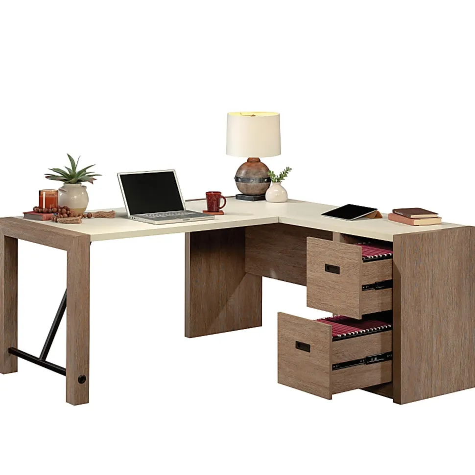 Sauder Dixon City® 66"W L-Shaped Computer Desk With Drawers, Brushed Oak™/Pebble White™