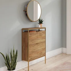 SauderĀ® International Lux 31"W Wall-Mount Entryway Shoe Cabinet With Round Mirror, Sindoori Mango