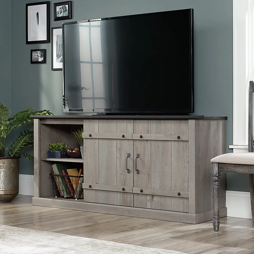 Sauder® Select Farmhouse Entertainment Credenza With Sliding Doors For 70" TVs, Mystic Oak/Raven Oak