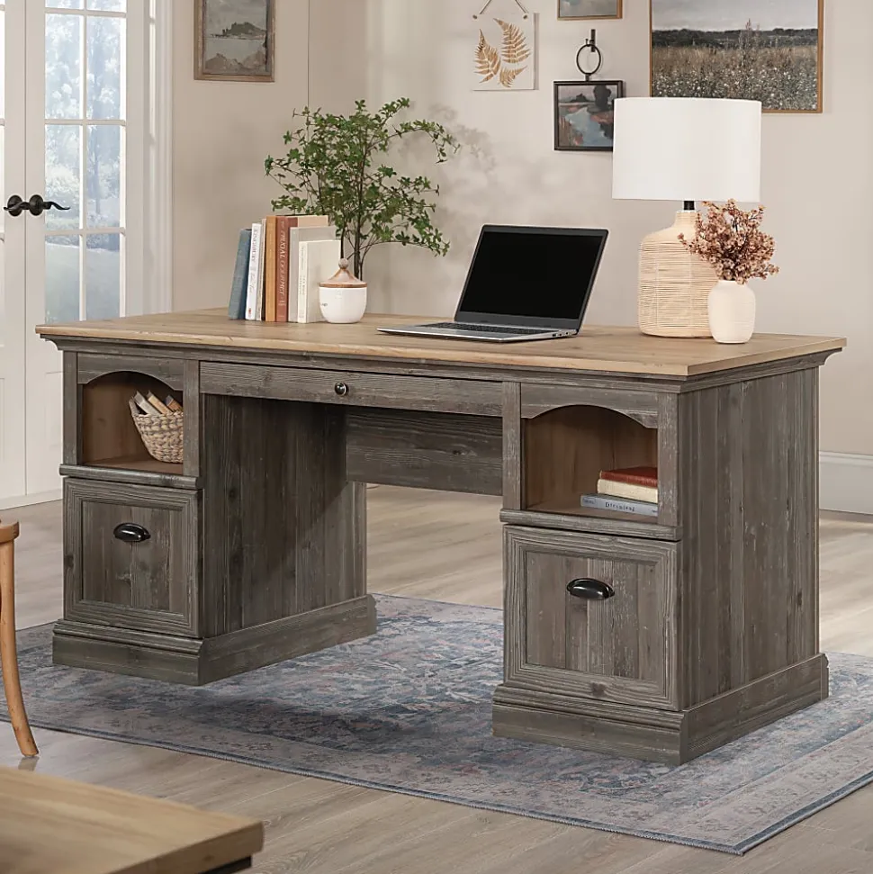 Sauder® Sonnet Springs 66"W Executive Double Pedestal Computer Desk, Pebble Pine®/Khaki Pine™