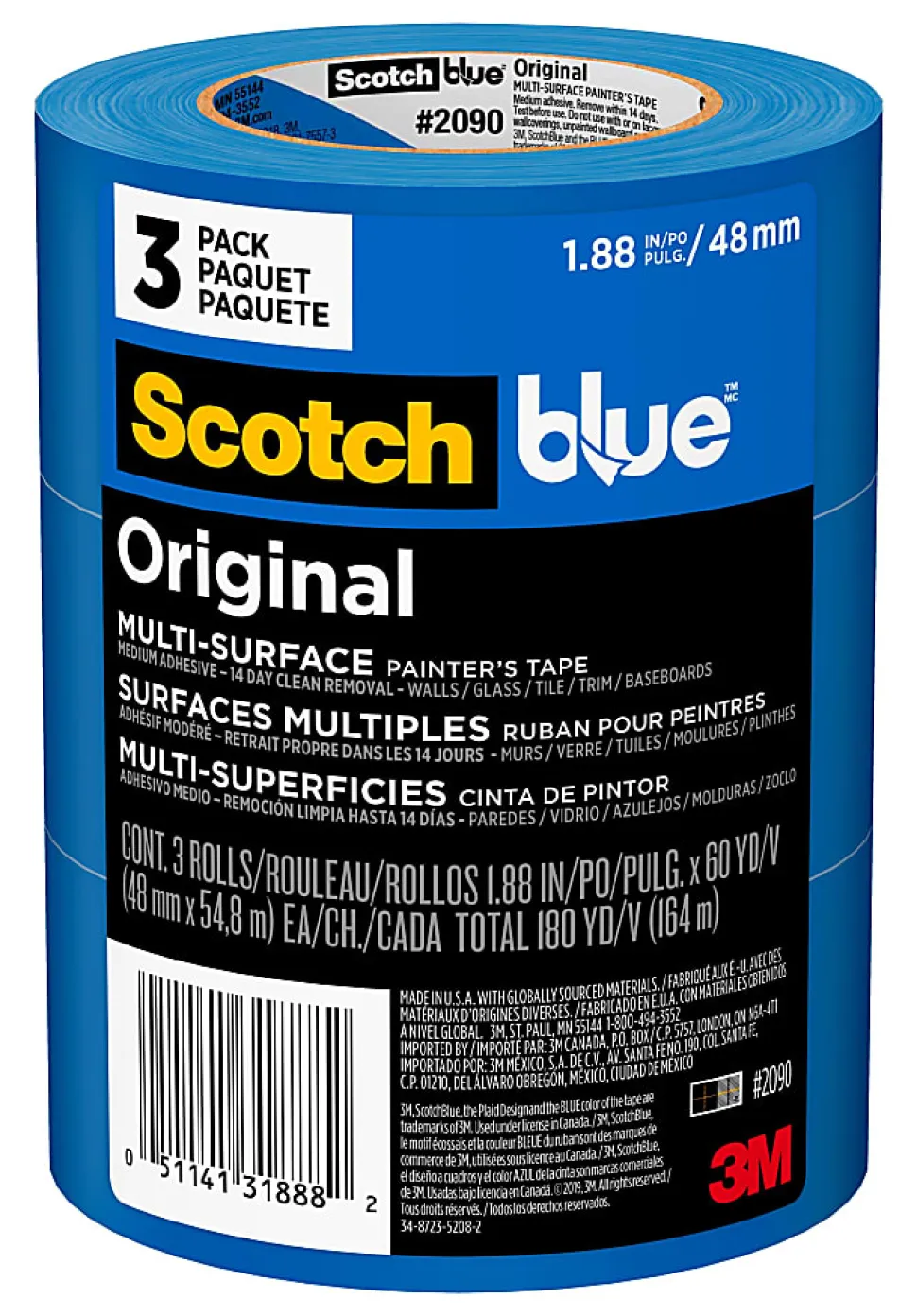 Scotch®Blue Original Painter's Tape, 1.88" x 60 yd, Blue, Pack Of 3