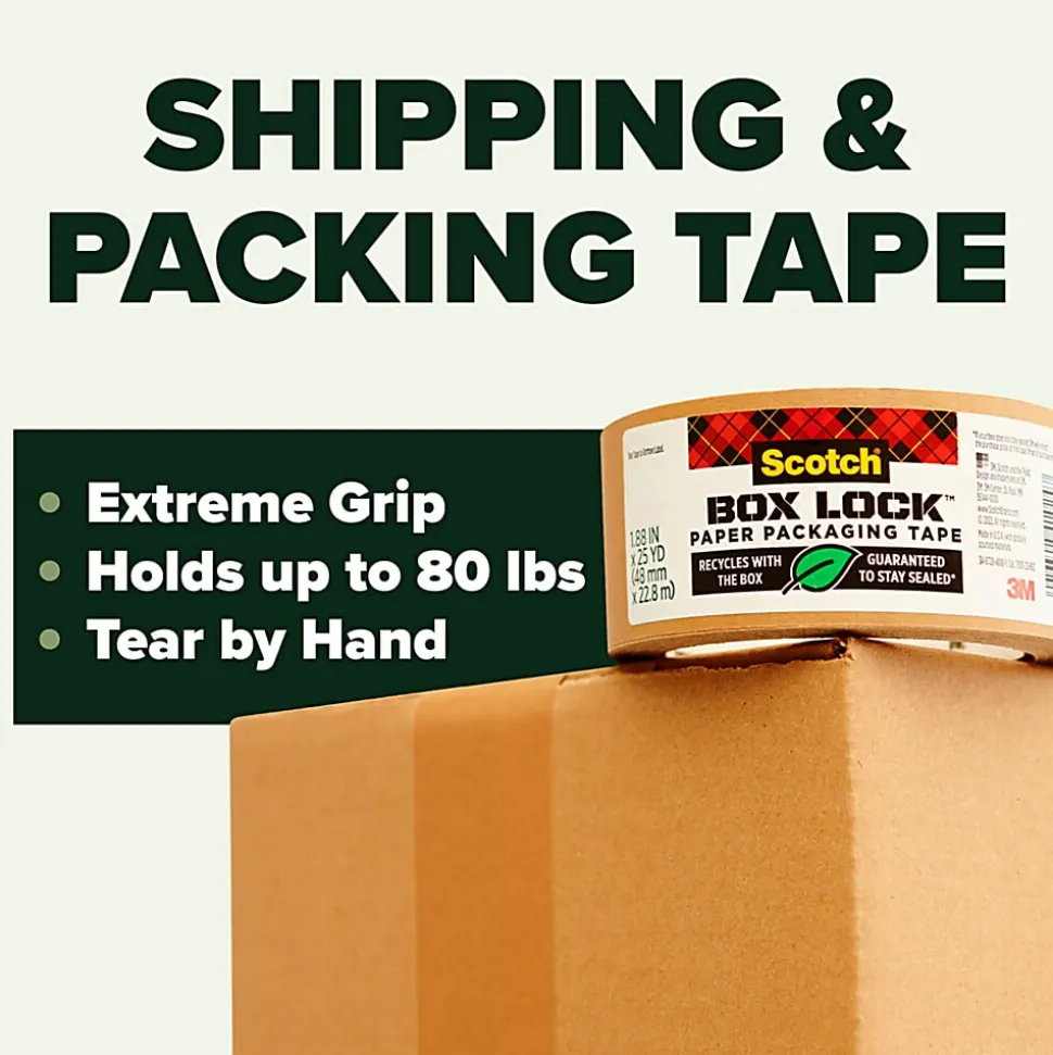Scotch® Box Lock Paper Packing Tape, 8 Tape Rolls, 1.88 in x 25 yd, 3" Core, Extreme Grip Moving Tape, Brown