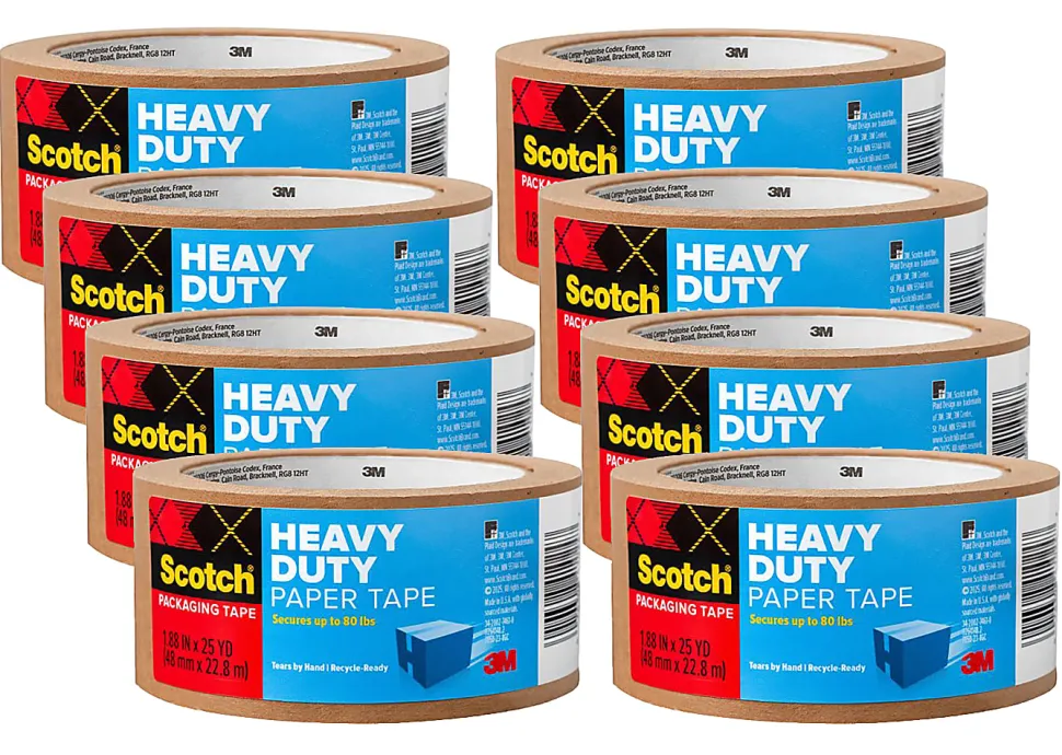 Scotch® Box Lock Paper Packing Tape, 8 Tape Rolls, 1.88 in x 25 yd, 3" Core, Extreme Grip Moving Tape, Brown