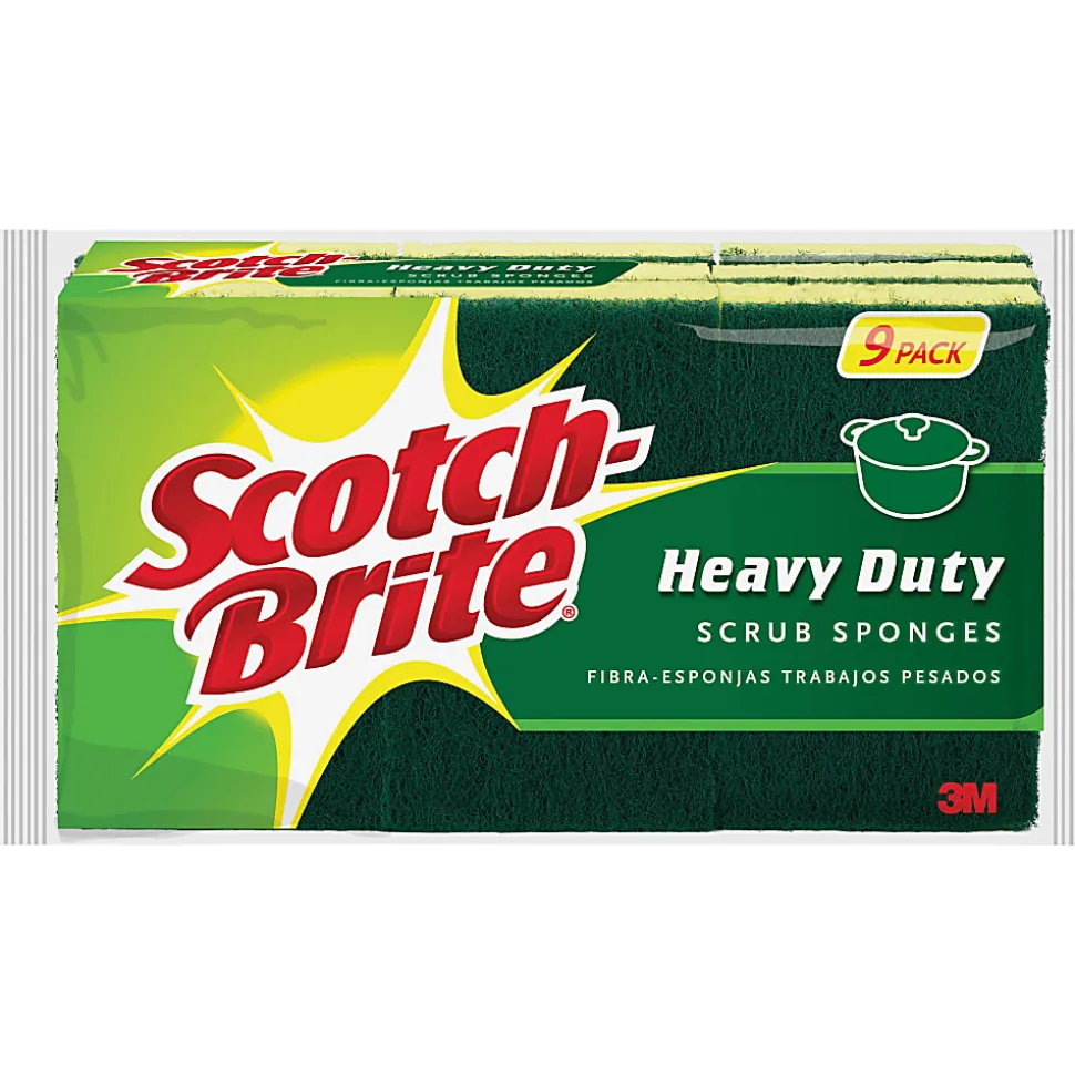 Scotch-Brite™ Heavy-Duty Scrub Sponges, Green/Yellow, Pack Of 9