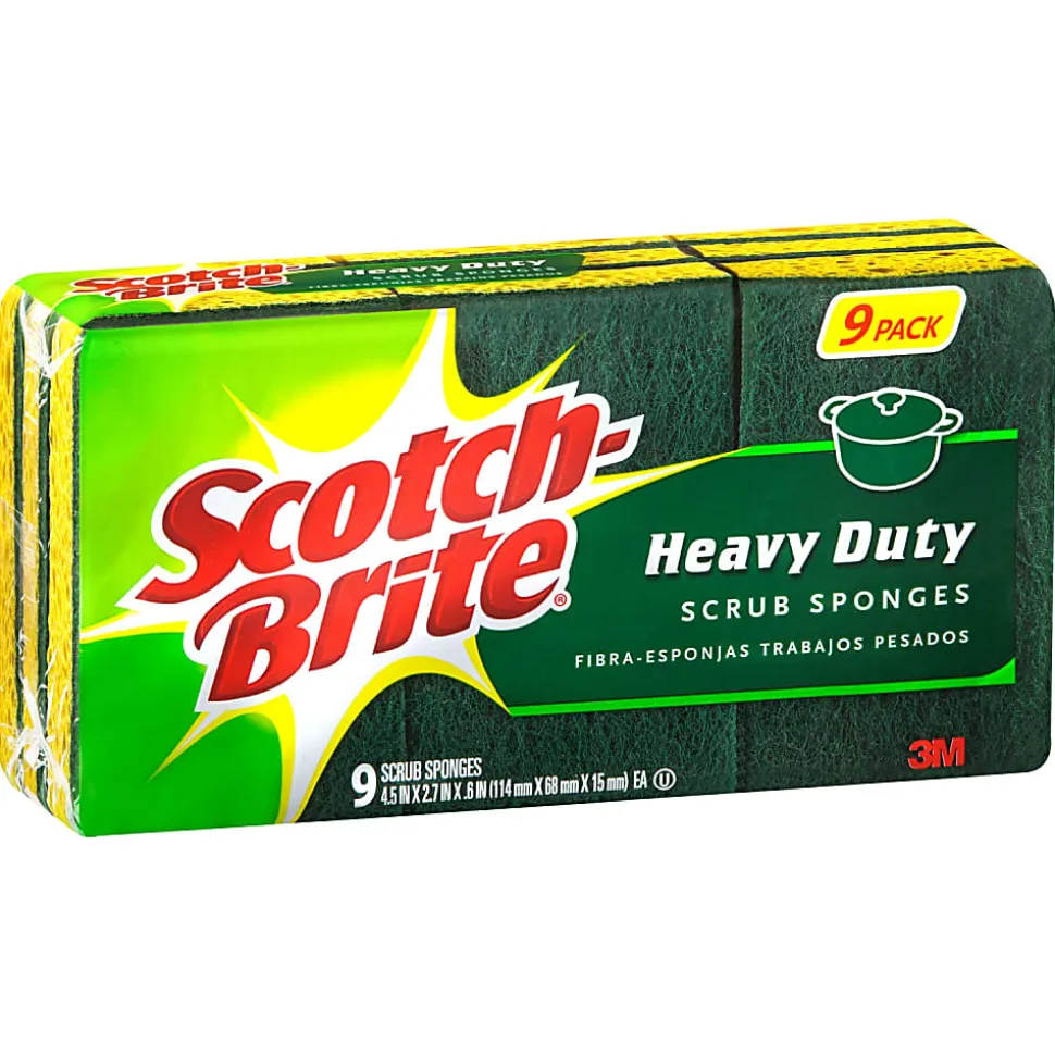 Scotch-Brite™ Heavy-Duty Scrub Sponges, Green/Yellow, Pack Of 9