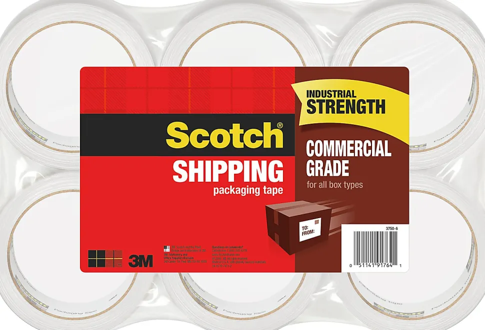 Scotch® Commercial Grade Shipping Packing Tape, 6 Tape Rolls, 1 7/8 in x 54.6 yd, 3" Core, Designed - 3750
