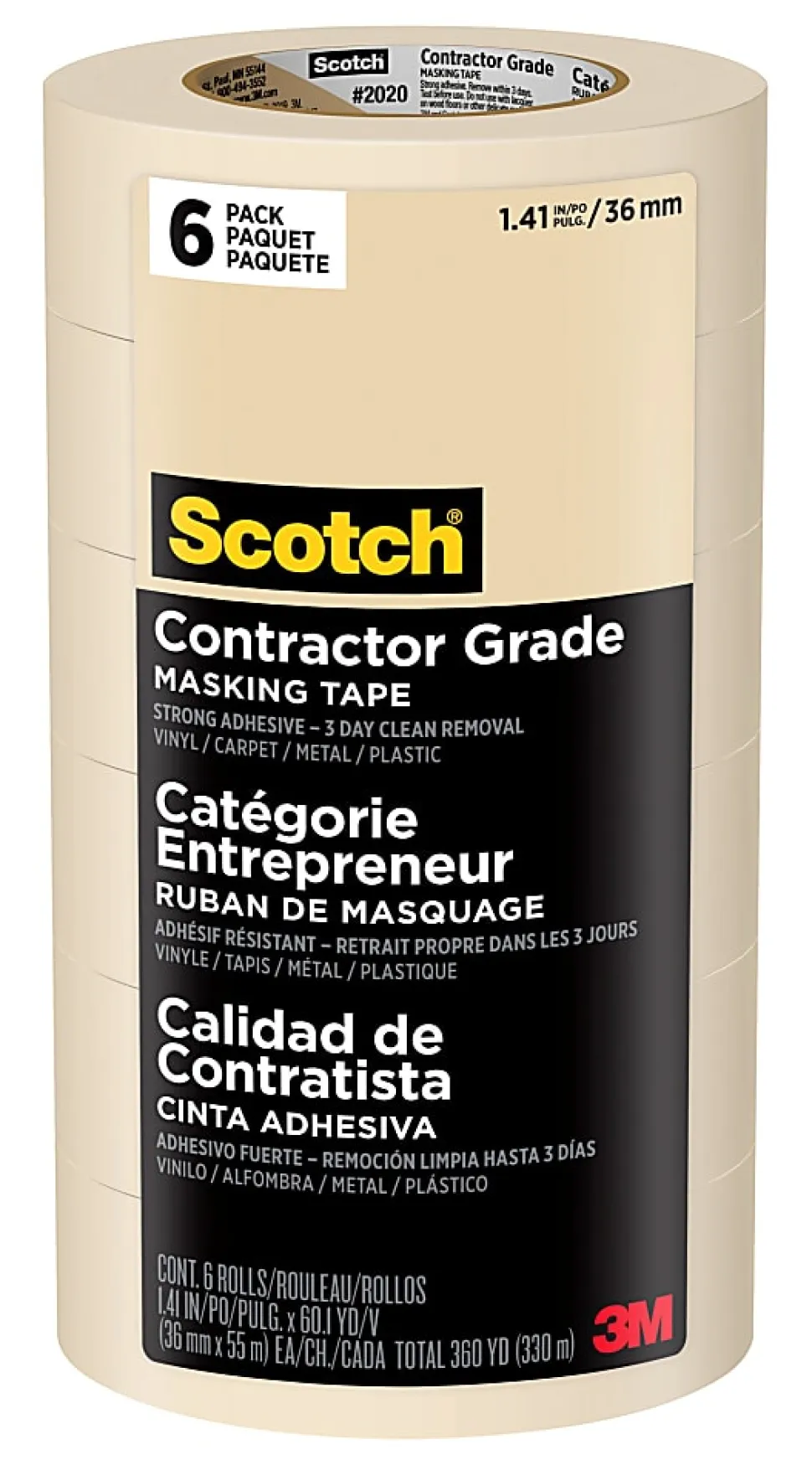 Scotch® Contractor Grade Masking Tape, Removable, 6 Tape Rolls, 1.41 in x 60.1 yd, 3" Core, White