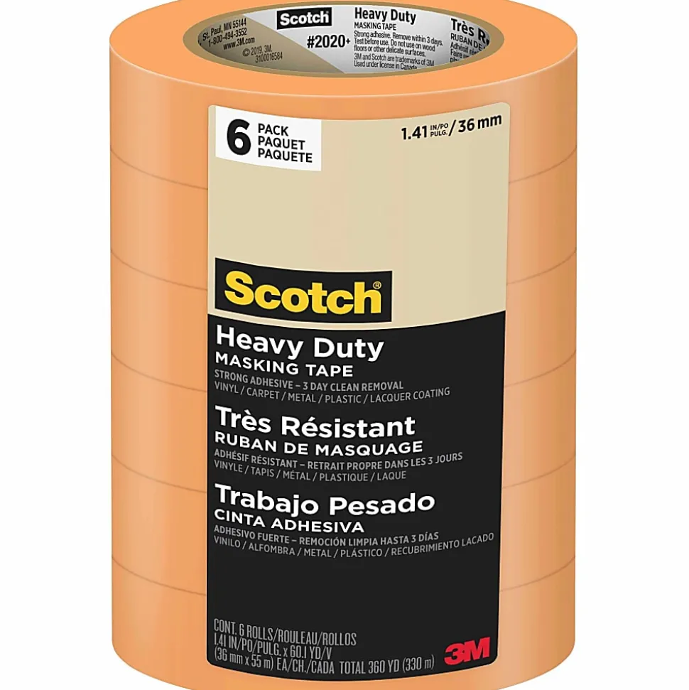 Scotch® Contractor Grade Masking Tape, Removable, 6 Tape Rolls, 1.41 in x 60.1 yd, 3" Core, White