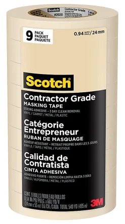 Scotch® Contractor Grade Masking Tape, Removable, 9 Tape Rolls, 0.94 in x 60.1 yd, 3