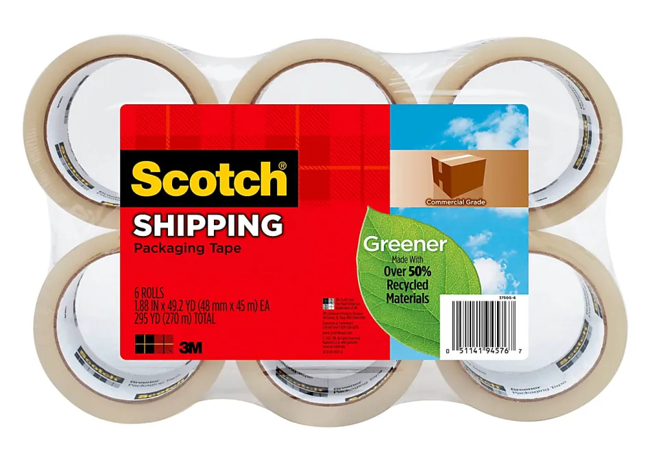 Scotch® Greener Commercial Grade Packing Tape, 6 Tape Rolls, 1 7/8 in x 49.2 yd, 1" Core, Designed - 3750G6