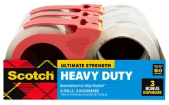 Scotch Heavy Duty Shipping Packaging Tape, 1.88 in, 47.7 yd, Clear, Pack of 6 Rolls, 3 Dispensers