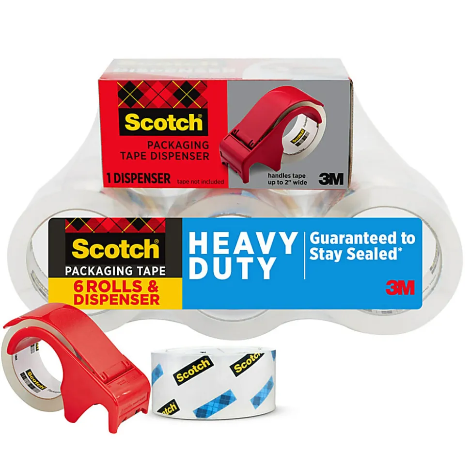 Scotch® Heavy Duty Shipping Packing Tape, 6 Tape Rolls with 1 Dispenser, 1 7/8 in x 54.6 yd, 3" Core, Designed - 38506BD