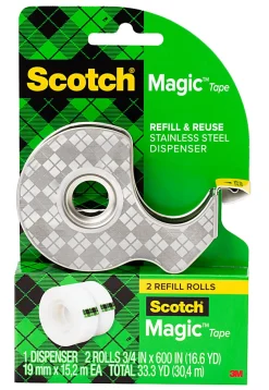 Scotch® Magic™ Stainless Steel Refillable Dispenser, .75 x 600 in, 2 Invisible Tape Rolls, Back to School Supplies and College for Students