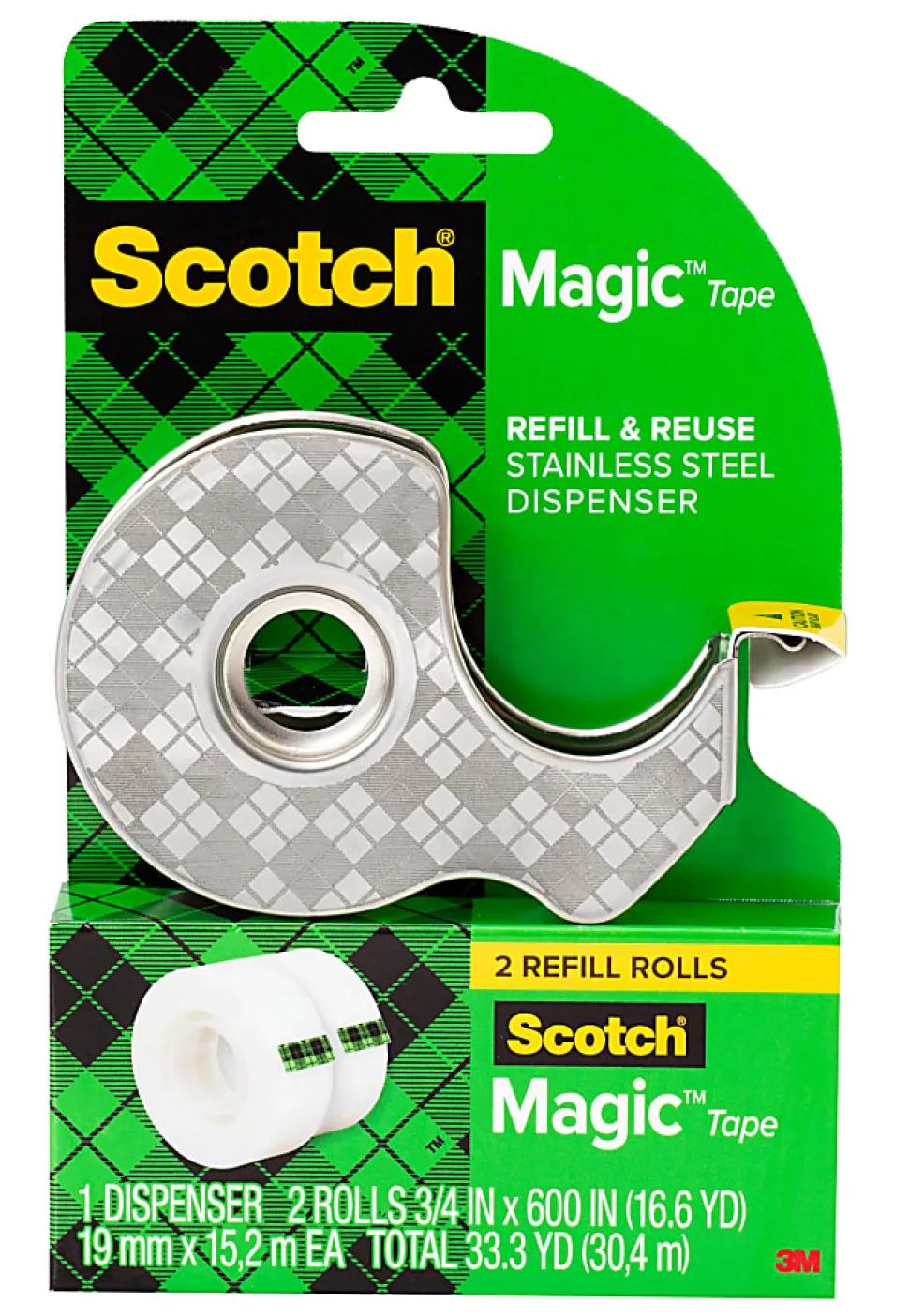Scotch® Magic™ Stainless Steel Refillable Dispenser, .75 x 600 in, 2 Invisible Tape Rolls, Back to School Supplies and College for Students