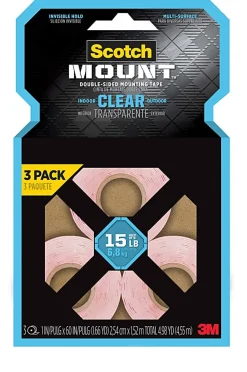 Scotch-Mount™ Clear Double-Sided Mounting Tape , 1 in x 60 in (2.54 cm x 1.52 m), 3 Pack