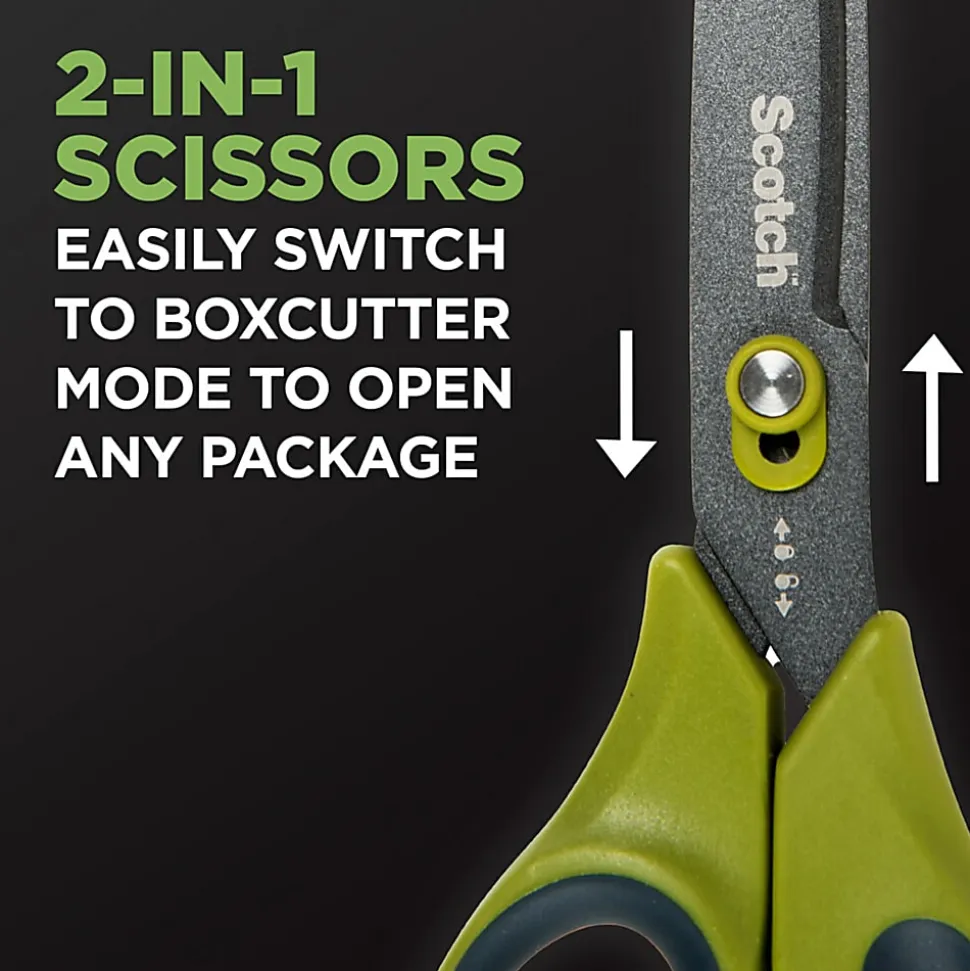 Scotch Non-Stick Unboxing Scissors, 8", Pointed, Green