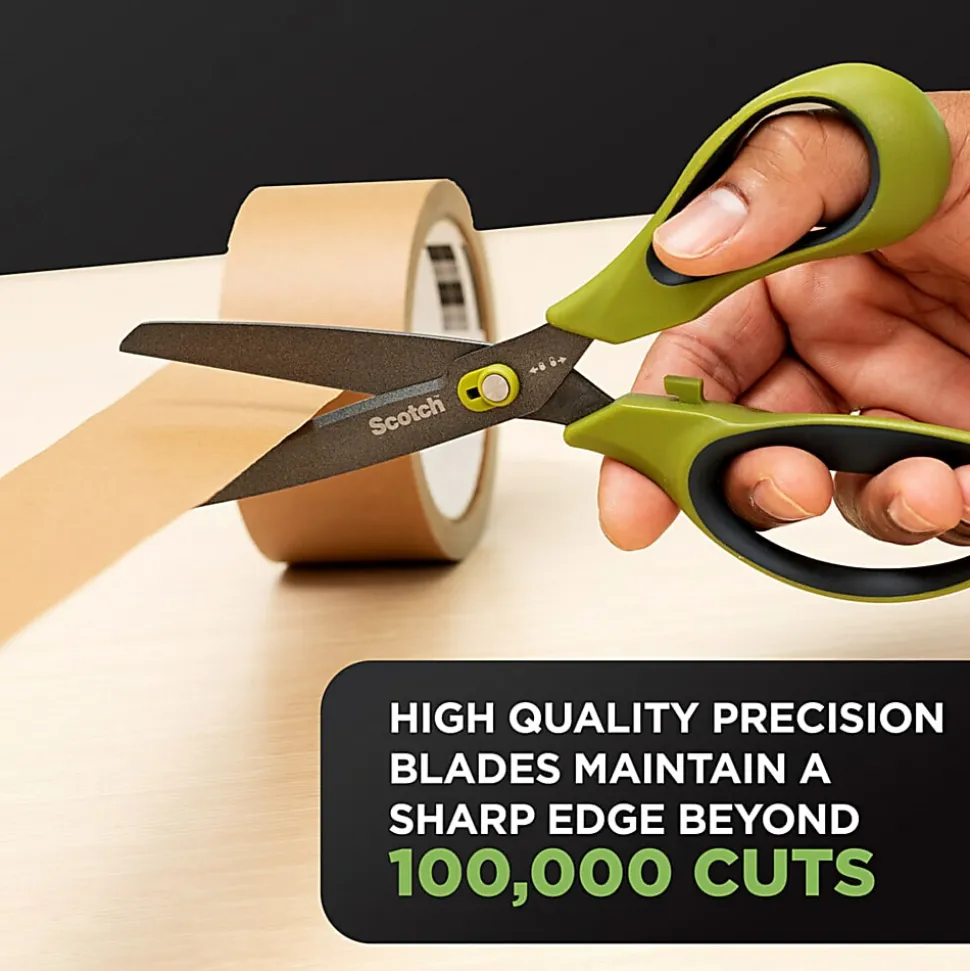 Scotch Non-Stick Unboxing Scissors, 8", Pointed, Green