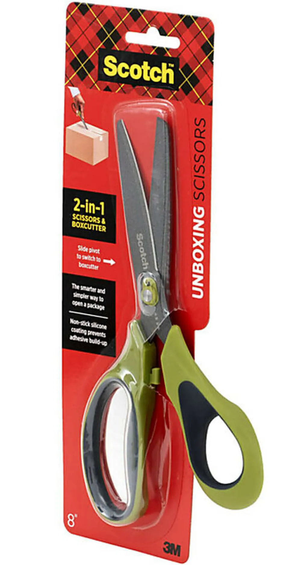 Scotch Non-Stick Unboxing Scissors, 8", Pointed, Green