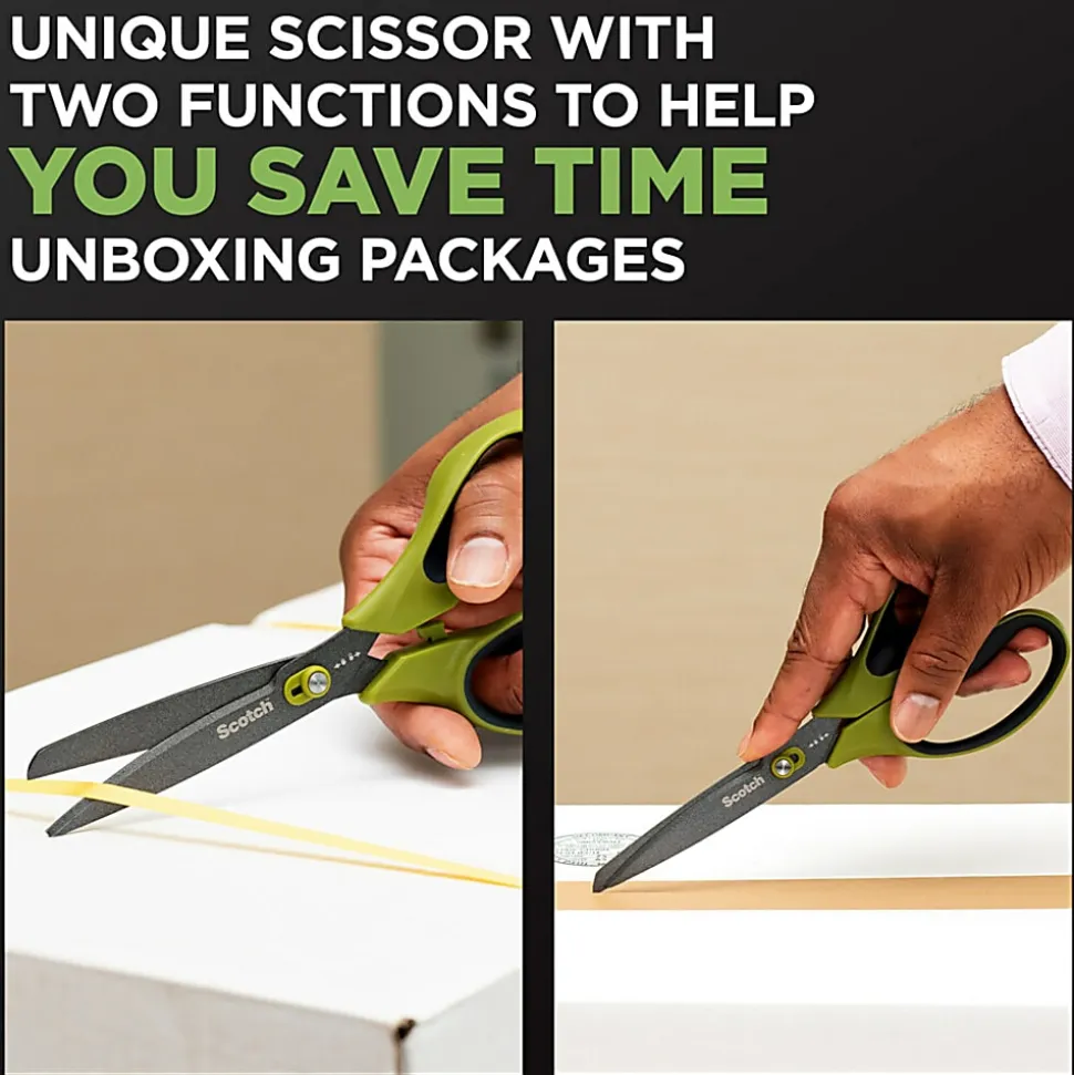 Scotch Non-Stick Unboxing Scissors, 8", Pointed, Green