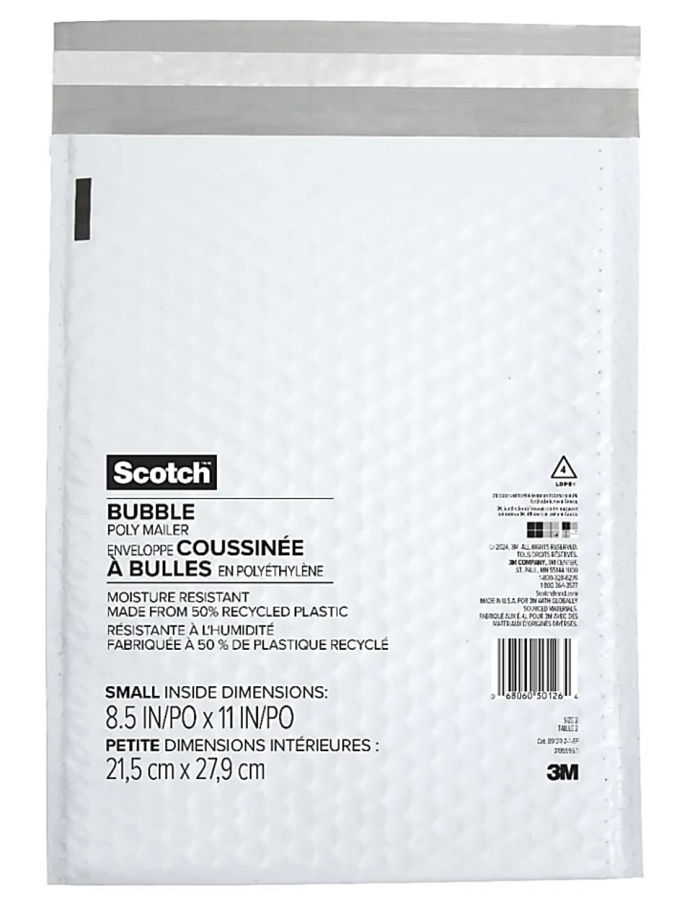 Scotch Poly Bubble Mailer , White, Small, Size 2, Inside Dimensions 8.5 IN x 11 IN, made with 50% recycled plastic