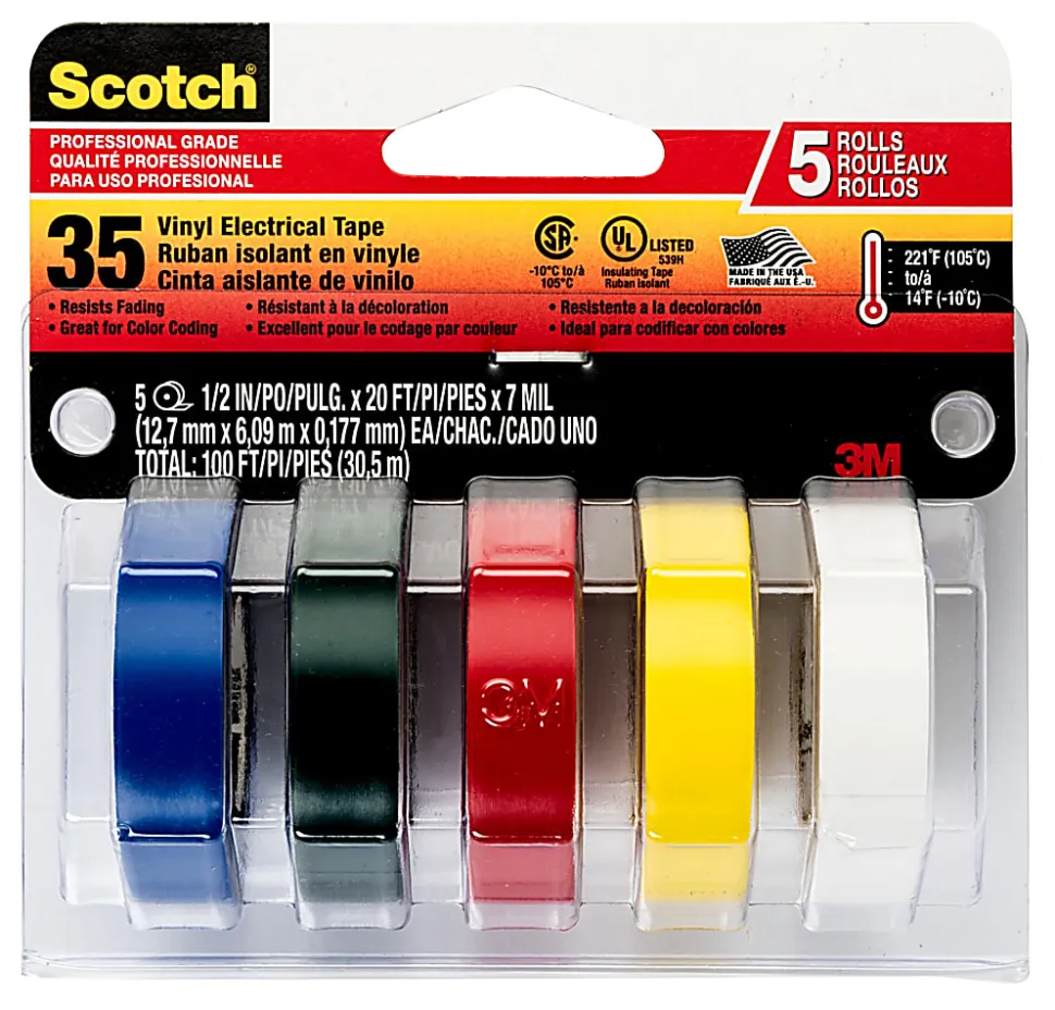 Scotch® Professional Grade Quality Electrical Tape, 5 Tape Rolls, 0.5 in x 6.67 ft, 1" Core