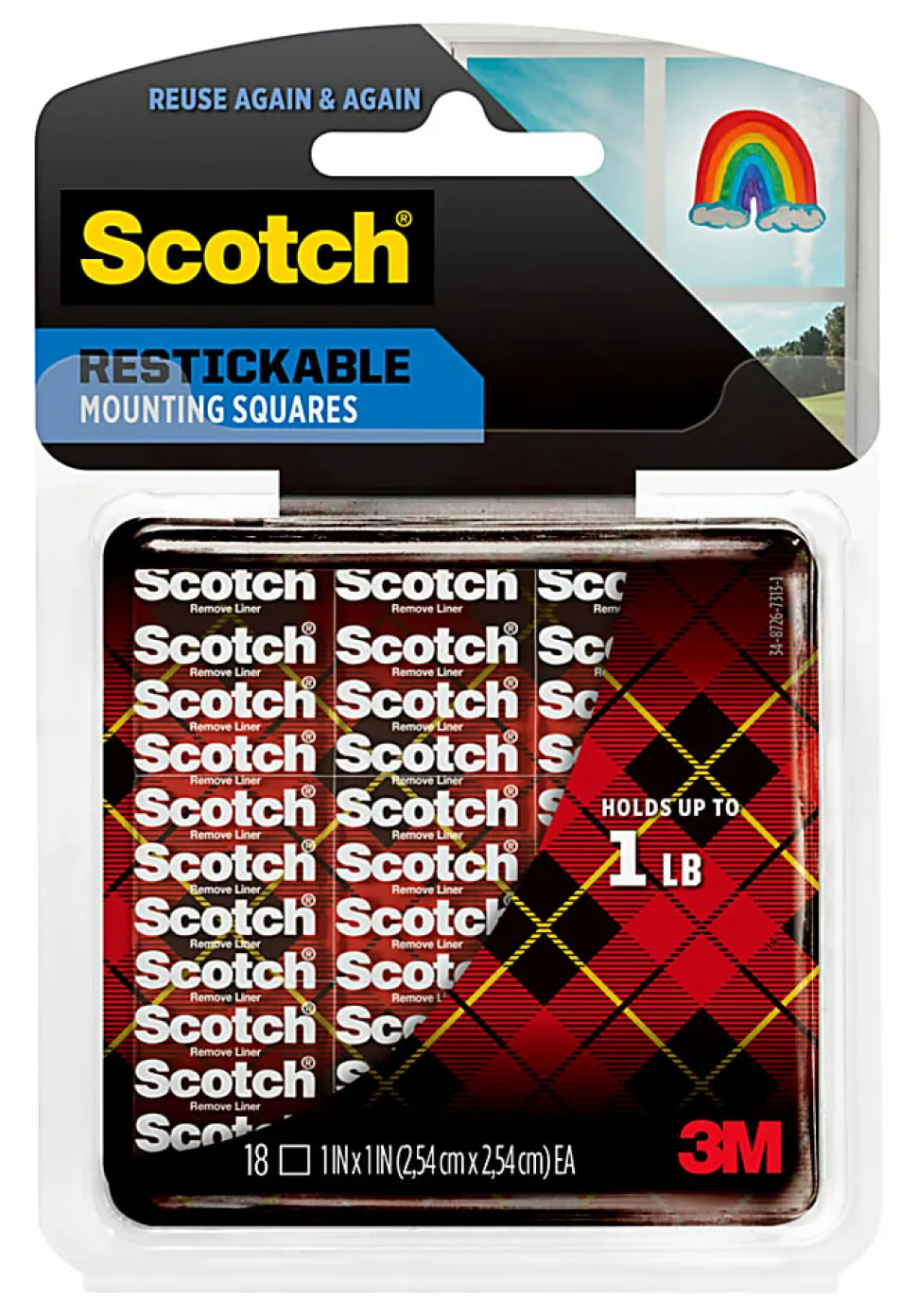 Scotch® Restickable Mounting Squares , 1 in x 1 in (2.54 cm x 2.54 cm) 18/pk