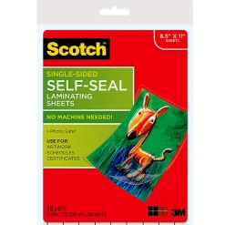 Scotch® Self-Seal Laminating Pouches, 8-1/2" x 11", Clear, Pack of 10 Laminating Sheets
