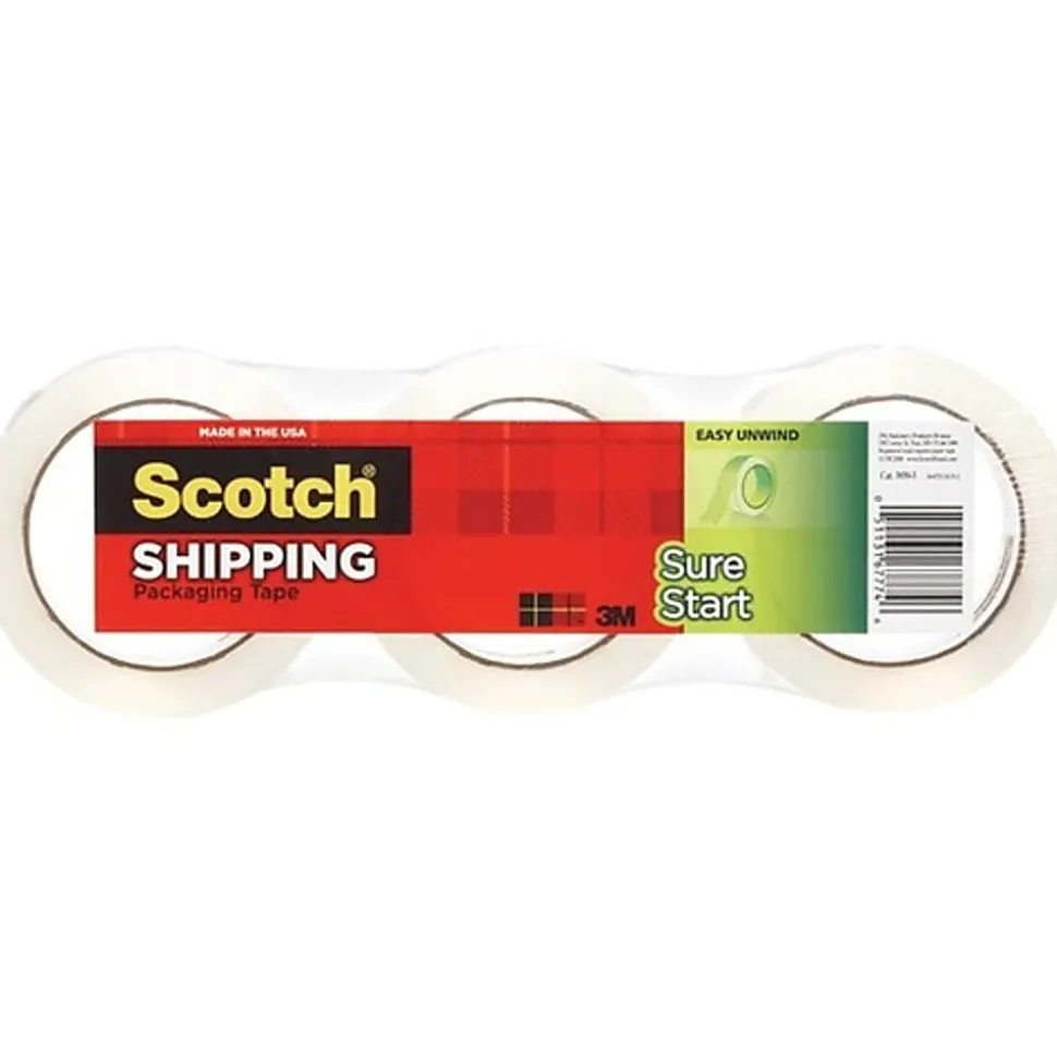 Scotch® Sure Start Shipping Tape, 1-7/8" x 43.7 Yd., Clear, Pack Of 3 Rolls
