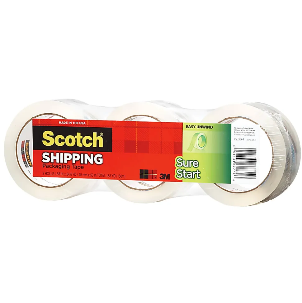 Scotch® Sure Start Shipping Tape, 1-7/8" x 43.7 Yd., Clear, Pack Of 3 Rolls