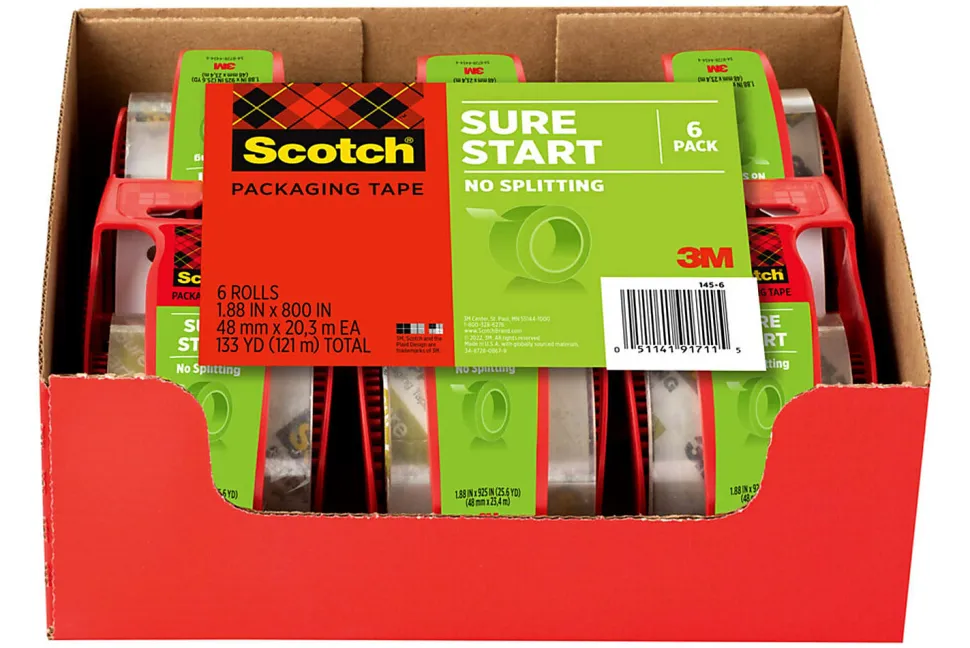 Scotch® Sure Start Shipping Tape, 6 Tape Rolls with Dispensers, 1 7/8 in x 22.2 yd, 1.5" Core, Designed - 1456