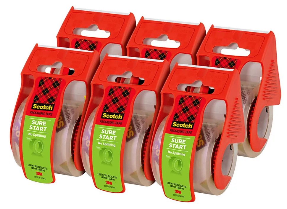 Scotch® Sure Start Shipping Tape, 6 Tape Rolls with Dispensers, 1 7/8 in x 22.2 yd, 1.5" Core, Designed - 1456