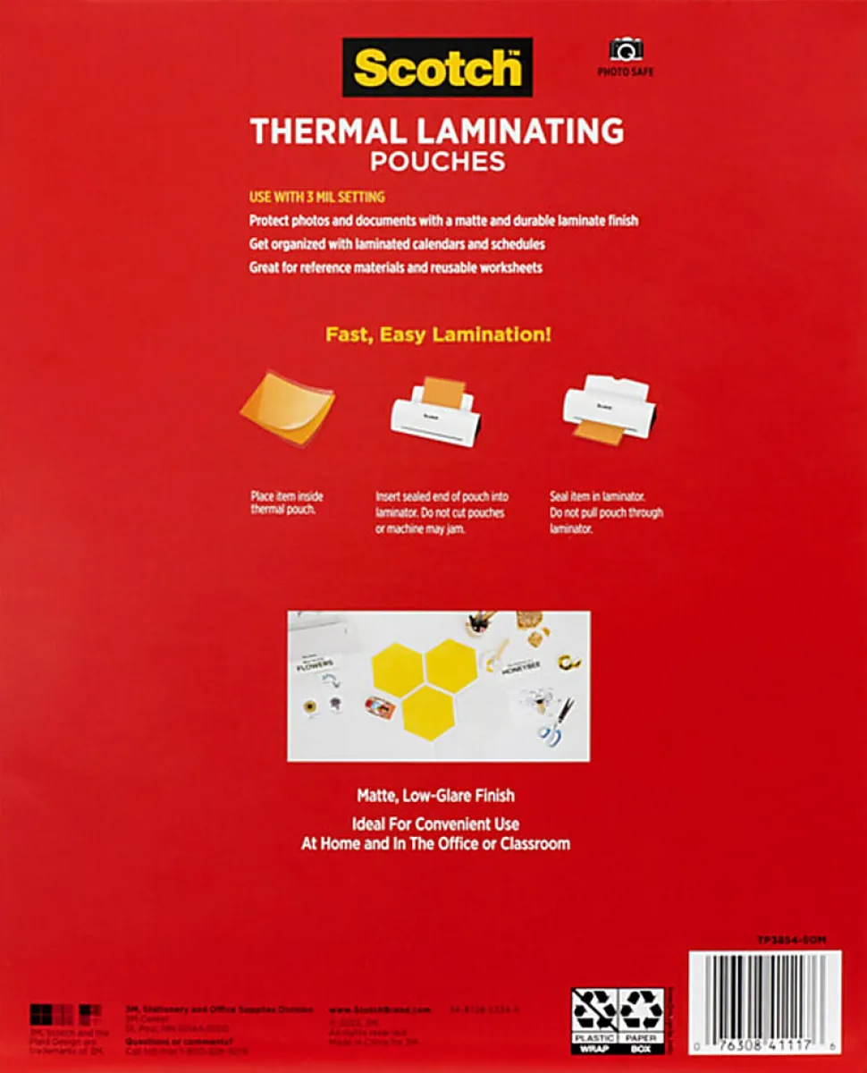 Scotch® Thermal Laminating Pouches, 8-15/16" x 11-7/16", Matte, Clear, 50 Laminating Pouches