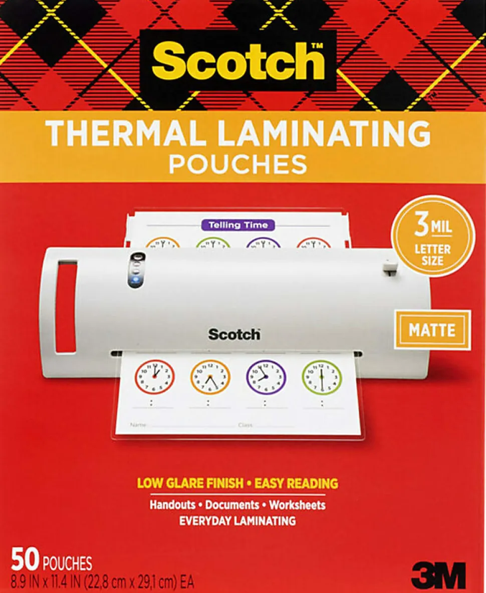 Scotch® Thermal Laminating Pouches, 8-15/16" x 11-7/16", Matte, Clear, 50 Laminating Pouches