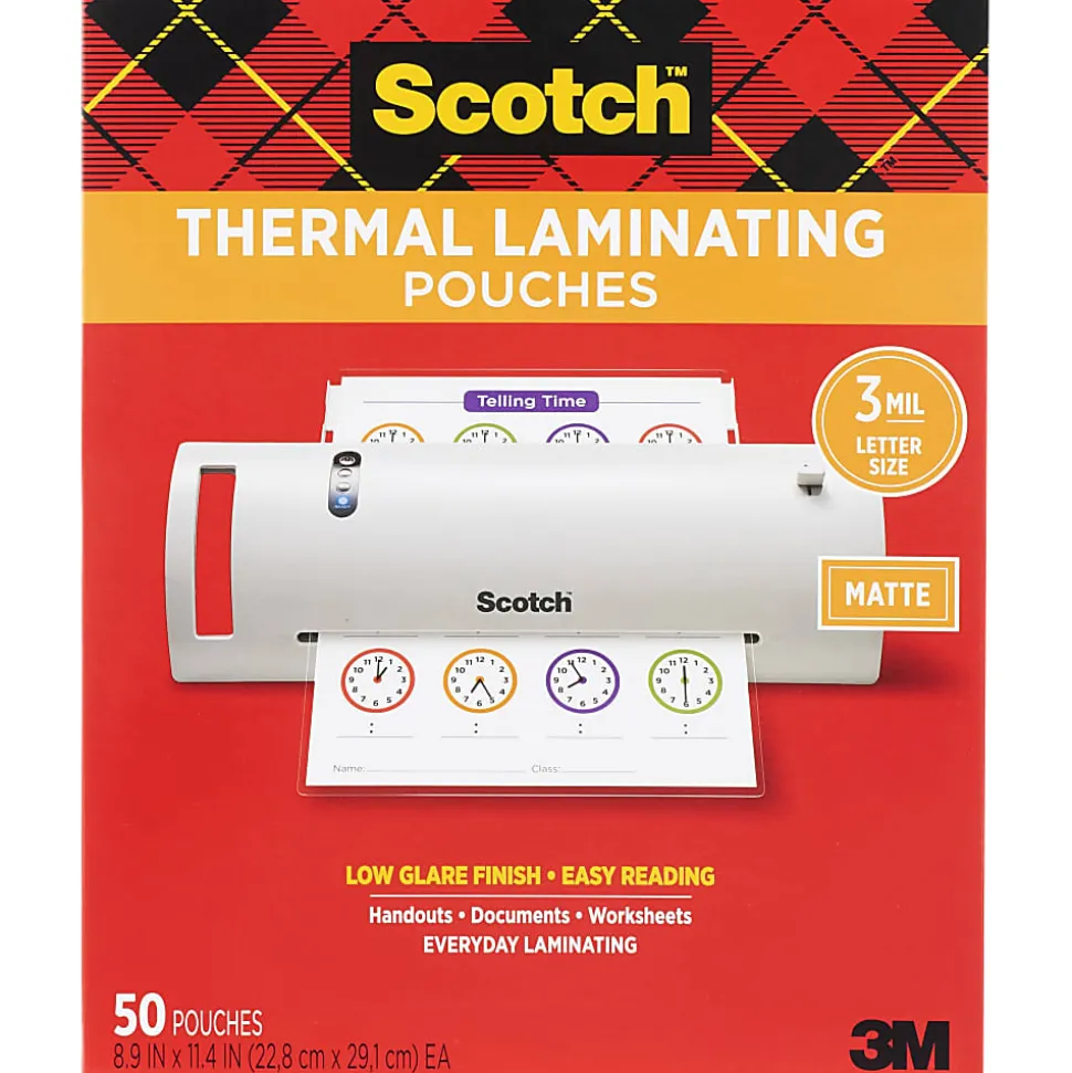 Scotch® Thermal Laminating Pouches, 8-15/16" x 11-7/16", Matte, Clear, 50 Laminating Pouches